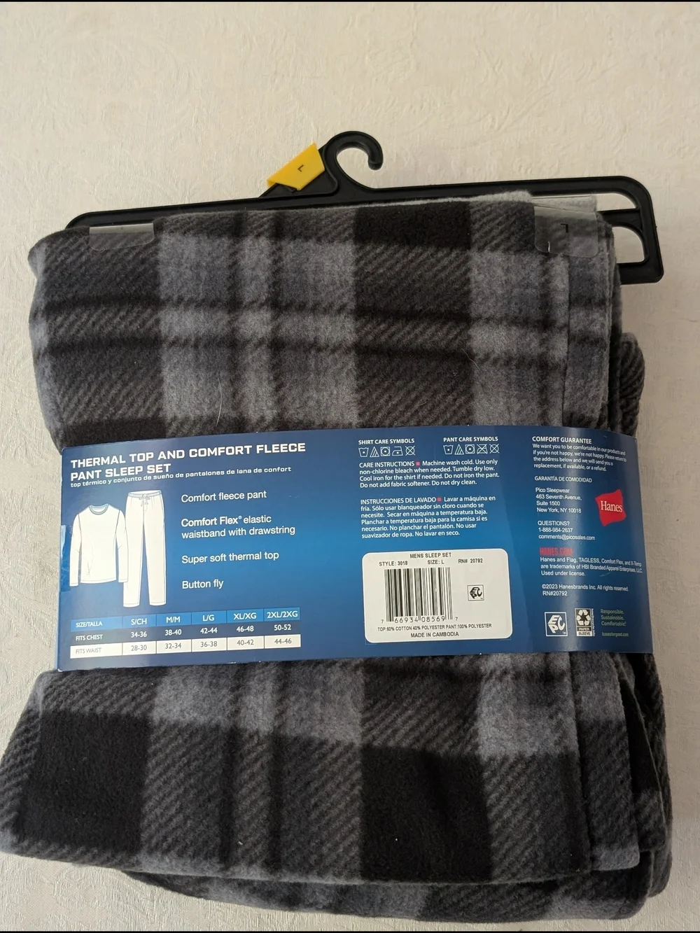 Hanes X-Temp Men's 2-Pc Thermal Top & Fleece Pajama Set L Gray/Black Plaid